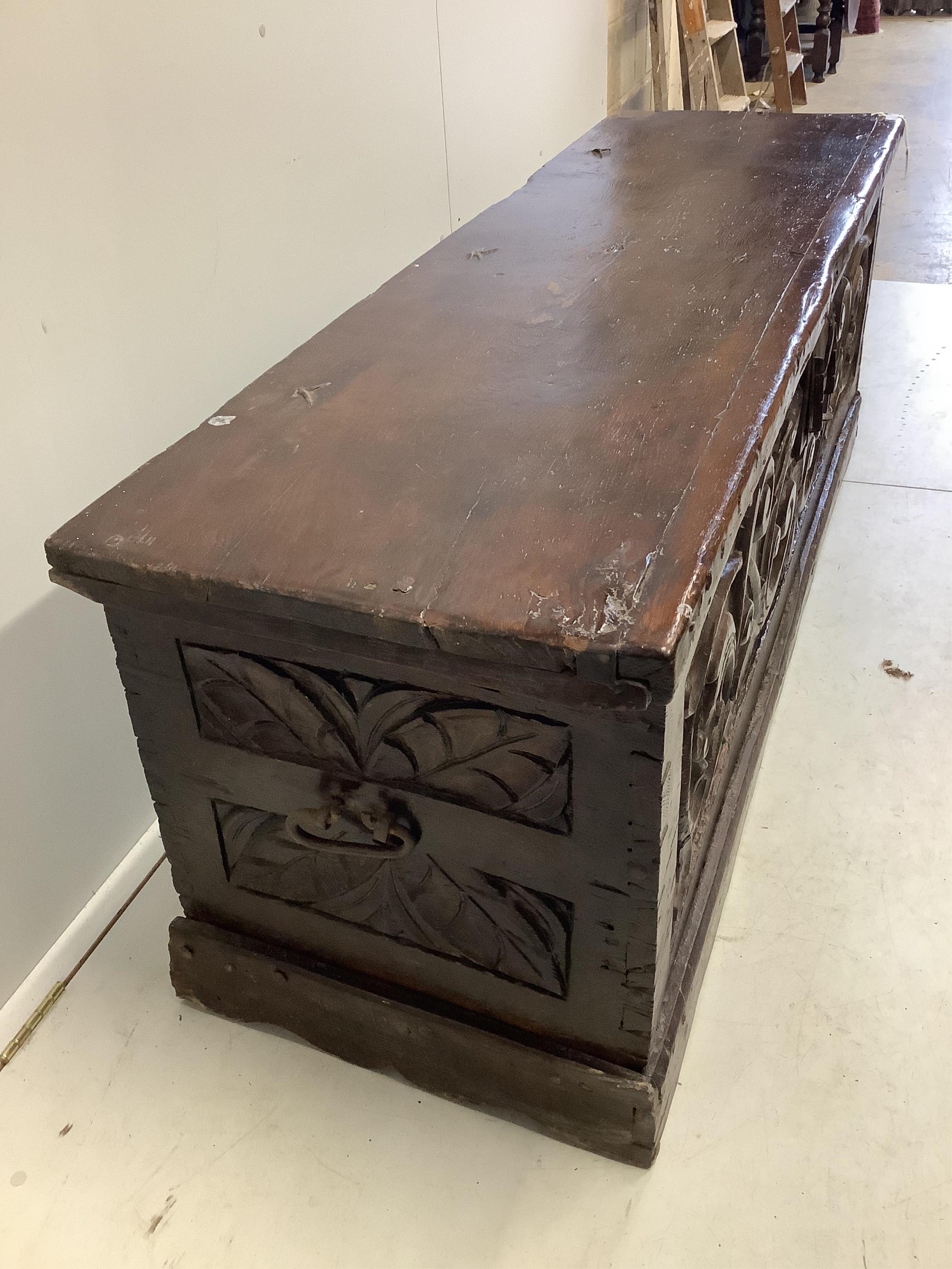 An 18th century Spanish oak coffer, width 172cm, depth 54cm, height 65cm. Condition - poor to fair